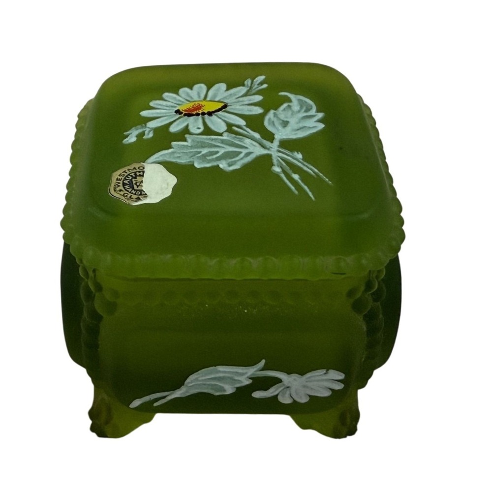 Westmoreland Glass Trinket Box Green Daisy Hand Painted Satin Frosted